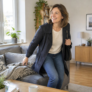 Frau steht voller Schwung vom Sofa auf