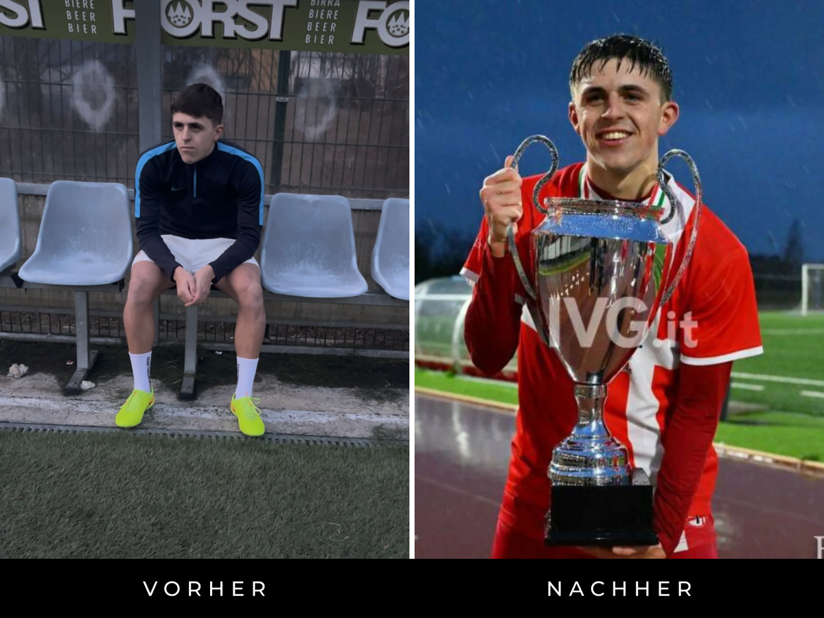 Vorher: Juri allein auf der Ersatzbank – Nachher: Juri mit Pokal