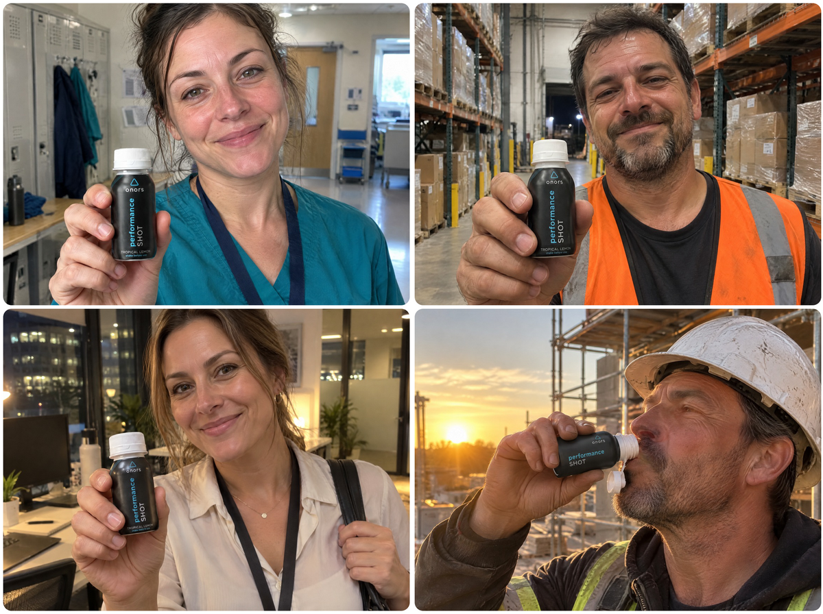 Pflegerin, Lagerist, Büroangestellte und Bauarbeiter mit dem onors Performance Shot