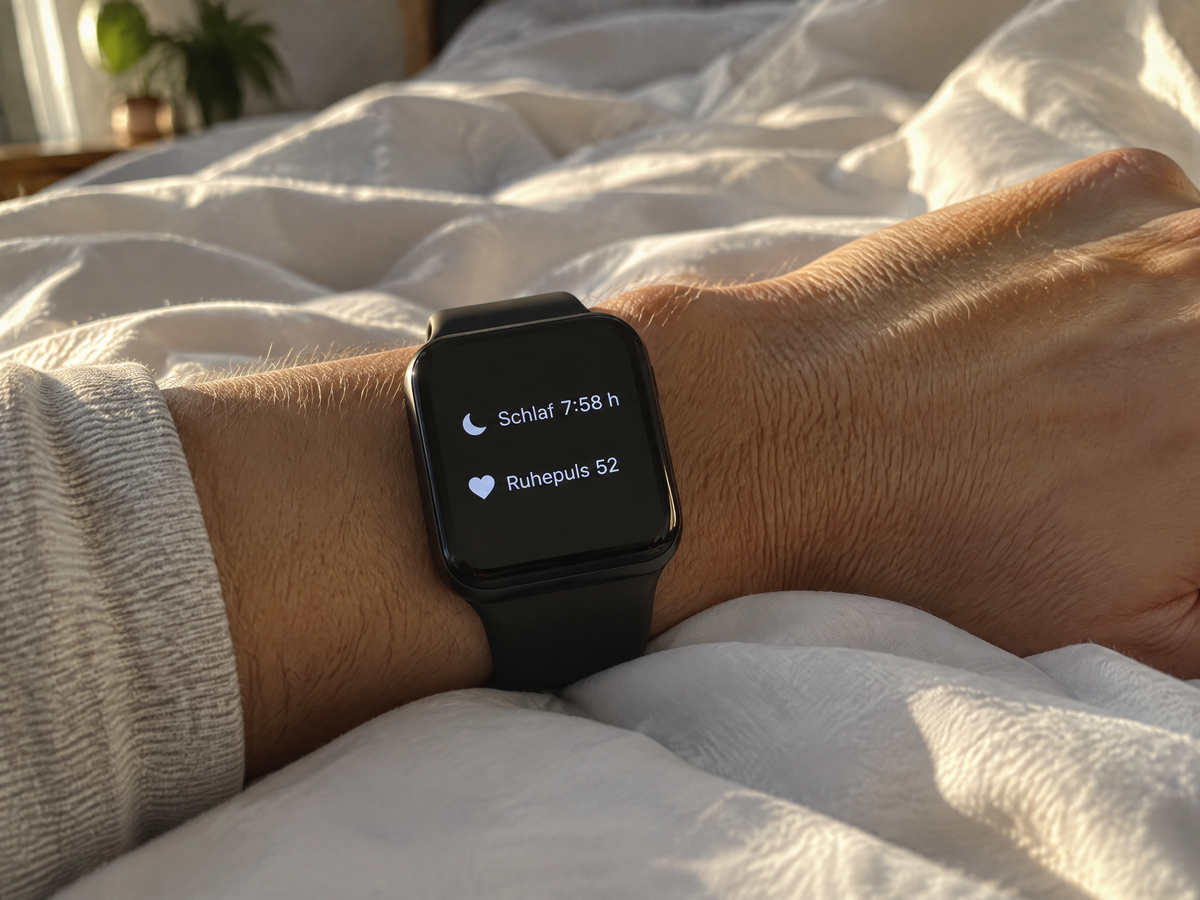 Smartwatch am Morgen im Bett: Schlaf 7:58 h, Ruhepuls 52