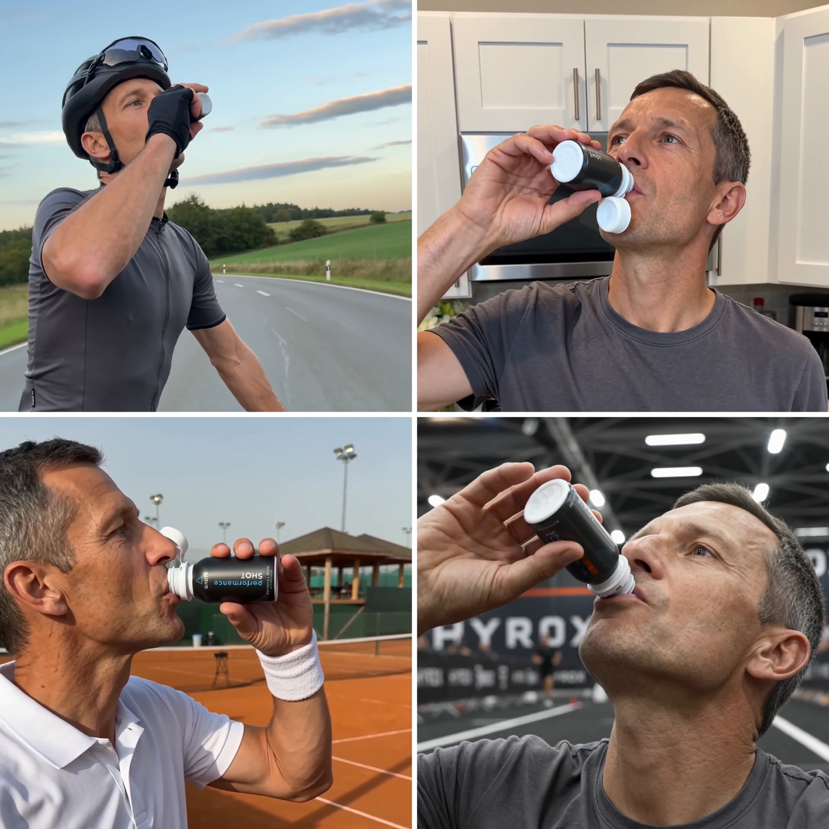 Sportler trinkt den onors Performance Shot vor dem Radfahren, Laufen, Tennis und Hyrox