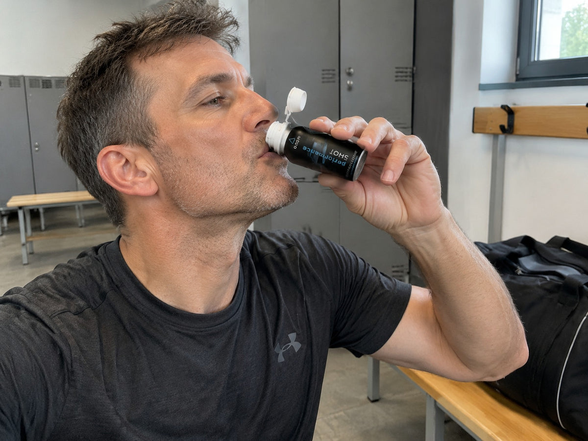 Sportler trinkt den onors Shot vor dem Training
